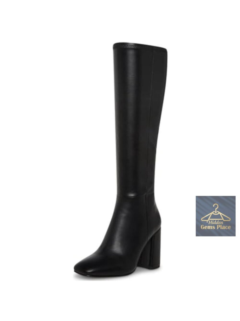 Faux Leather Square Toe Chunky Heel Knee High Boots with Side Zip